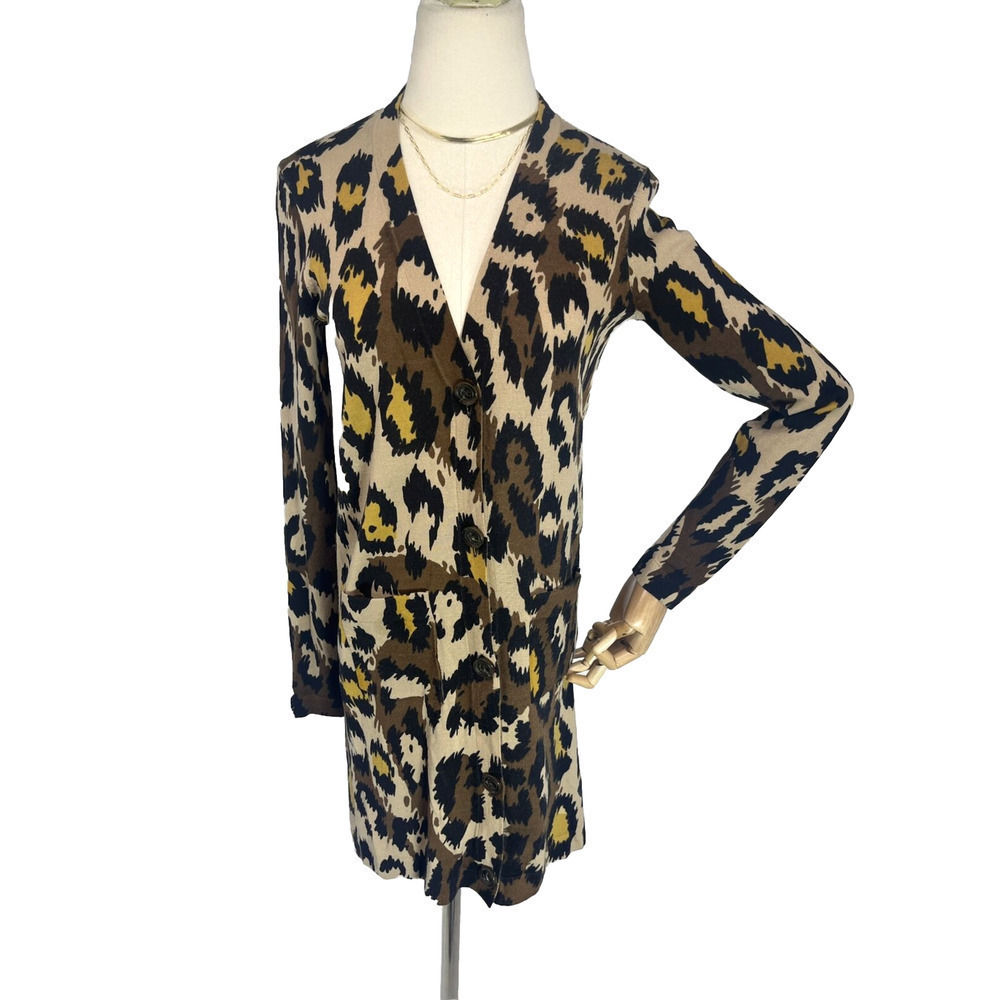 Diane Von Furstenberg Womens Cardigan Sweater Size XS/ S Animal Print Button Tan